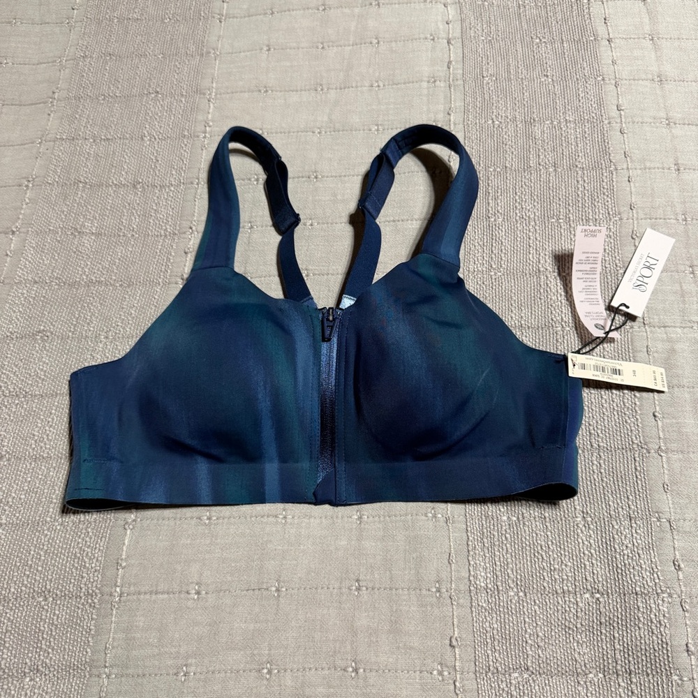 New Victoria's Secret Sport Knockout Bra Blue Zip Front Adjustable Strap 34B